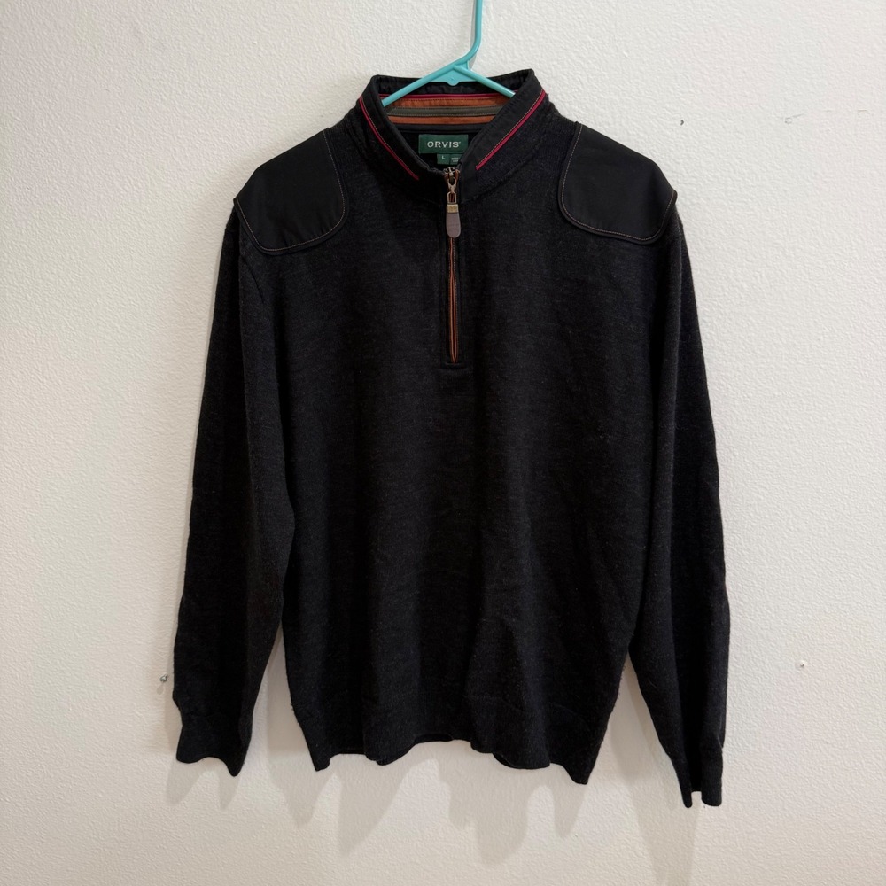 Orvis Mens Merino Wool Quarter Zip Sweater Charcoal Gray Shooting Patches Large